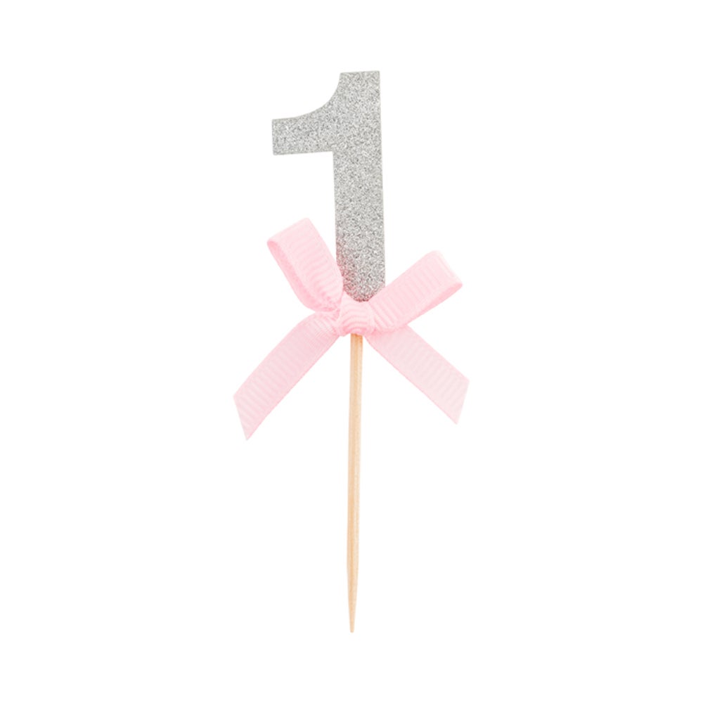 Cake Topper, 3.5 x 1.5 Inch, Paper, Pink, with Silver Glitter & Pink Bow,1 - 100 COUNT