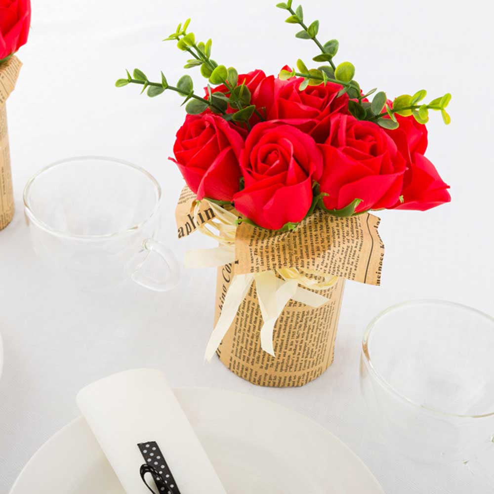 Roses, Red, Faux, with 7 Blooms, Sapone del Fiore, in Plastic Pot,1 - 12 COUNT