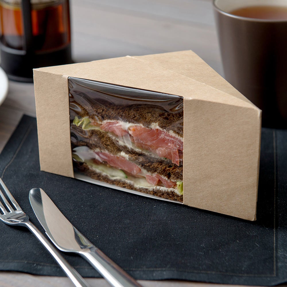 Containers, Sandwich, 4.8 Inch x 3.2 Inch, Paper, Kraft Cafe Vision Design, Triangle, with Window,1 - 200 COUNT