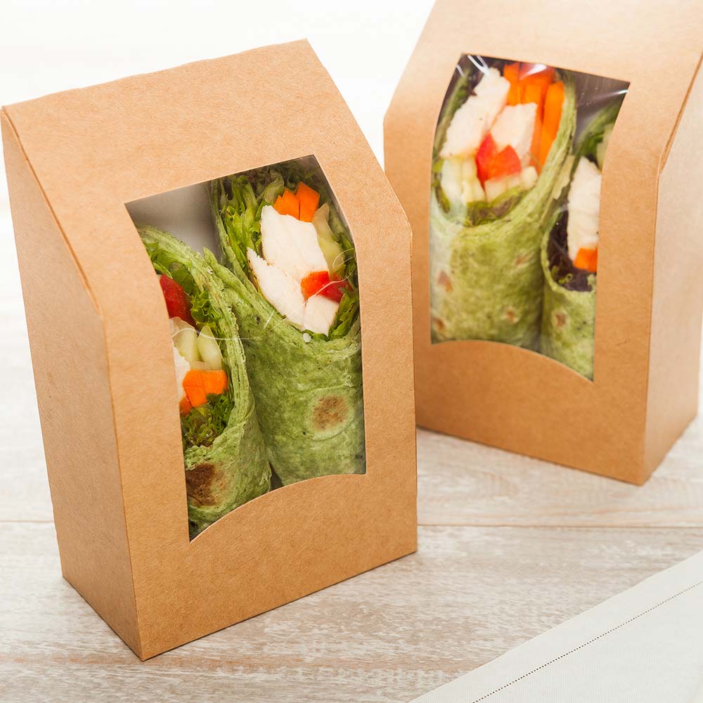 Containers, Sandwich Wrap, 5.9 x 3.7 Inch, Paper, Kraft Cafe Vision Design, Angle-Cut, with Window,1 - 200 COUNT