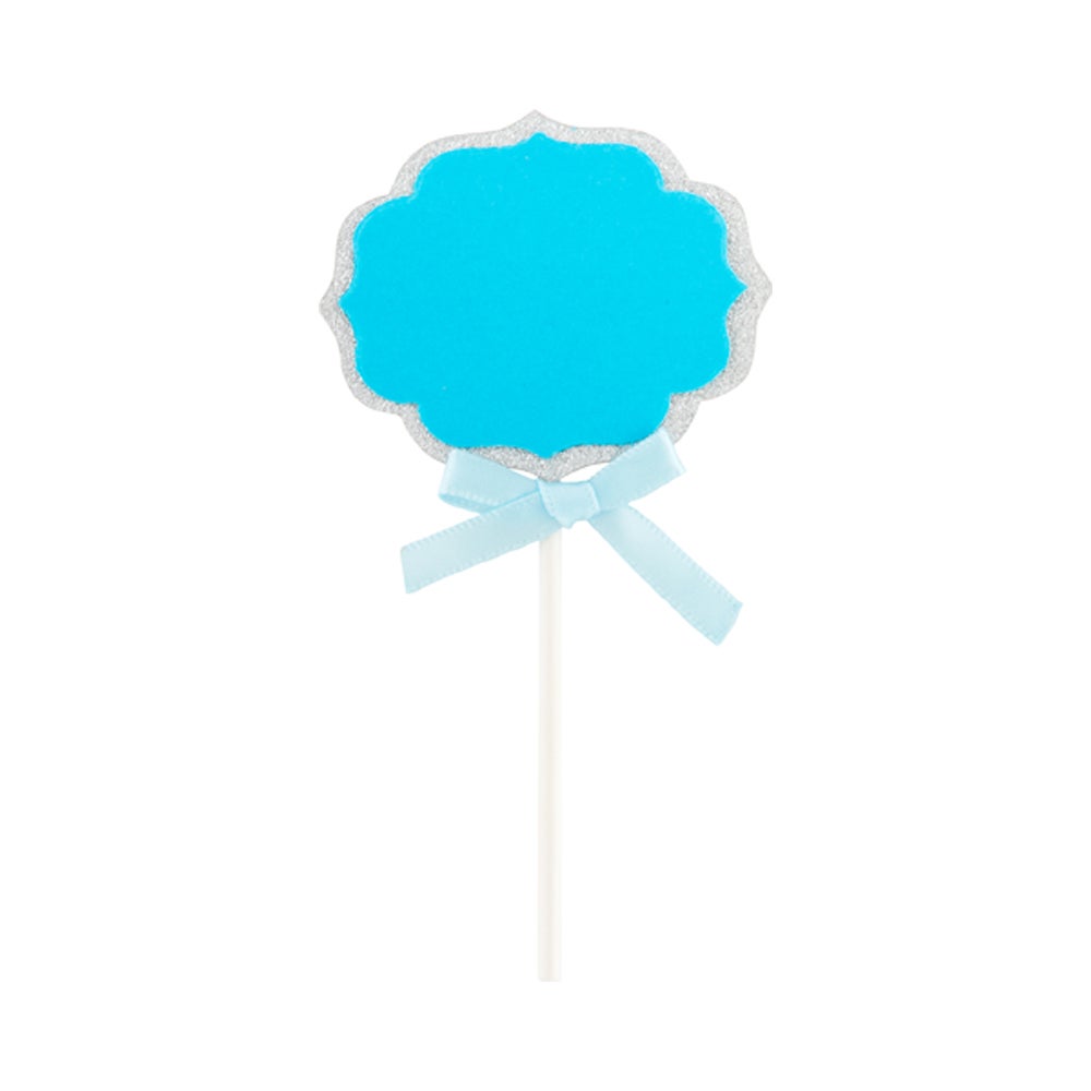 Cake Topper, DIY Personalized, 4.5 x 2.5 Inch, Paper, Blue, with Silver Glitter Rim & Light Blue Bow,1 - 100 COUNT