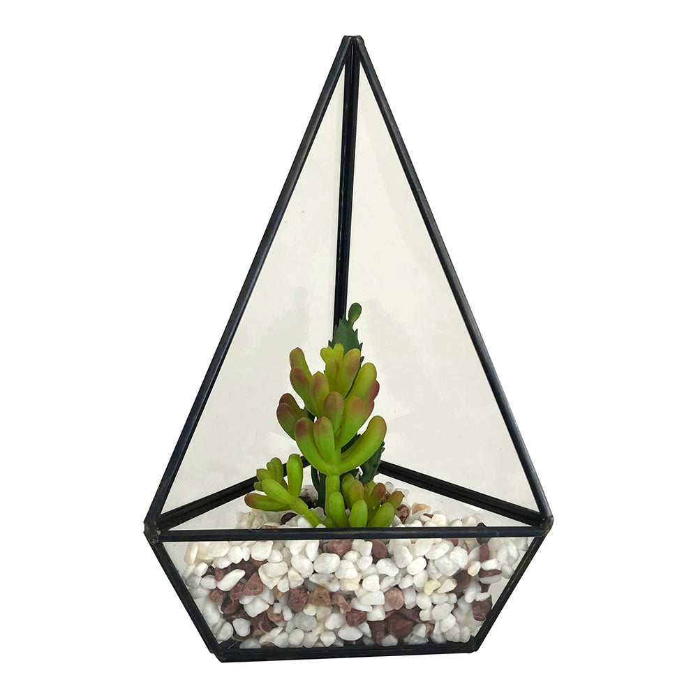 Table Art, Faux Succulent Arrangement, 8.5 x 5 x 3.5 Inch, Plastic, in Triangular Black & Glass Terrarium,1 - 1 EACH