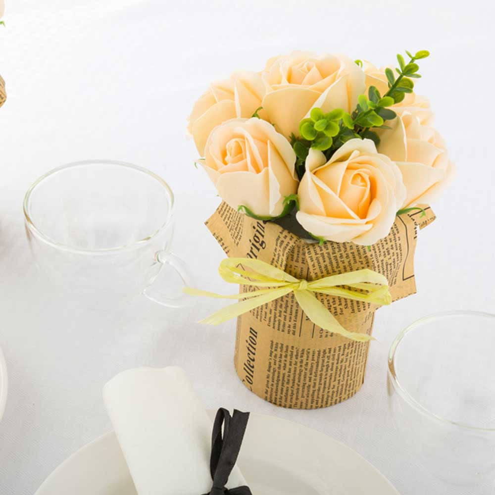 Roses, Yellow, Faux, with 7 Blooms, Sapone del Fiore, in Plastic Pot,1 - 12 COUNT