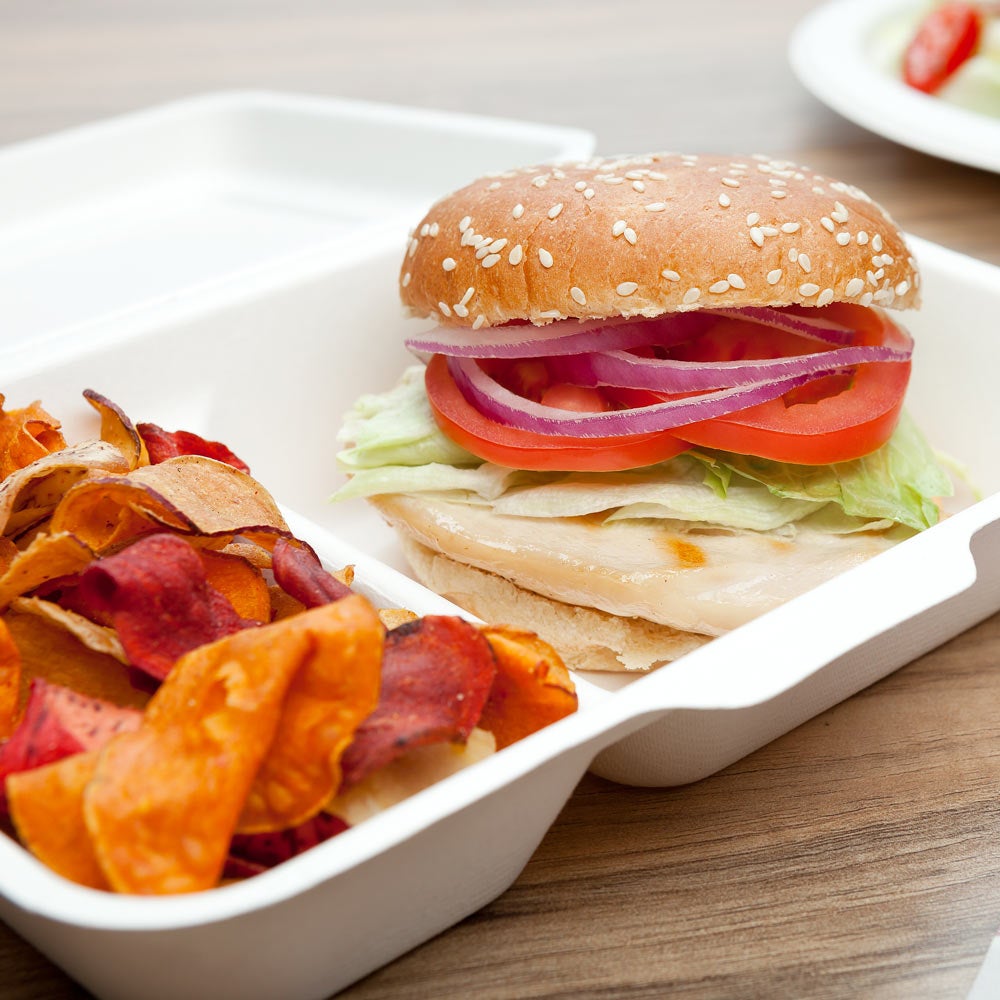 Containers, 2 Compartment, 13 x 9 Inch, Bagasse, White Collezione Design, Clamshell,1 - 100 COUNT