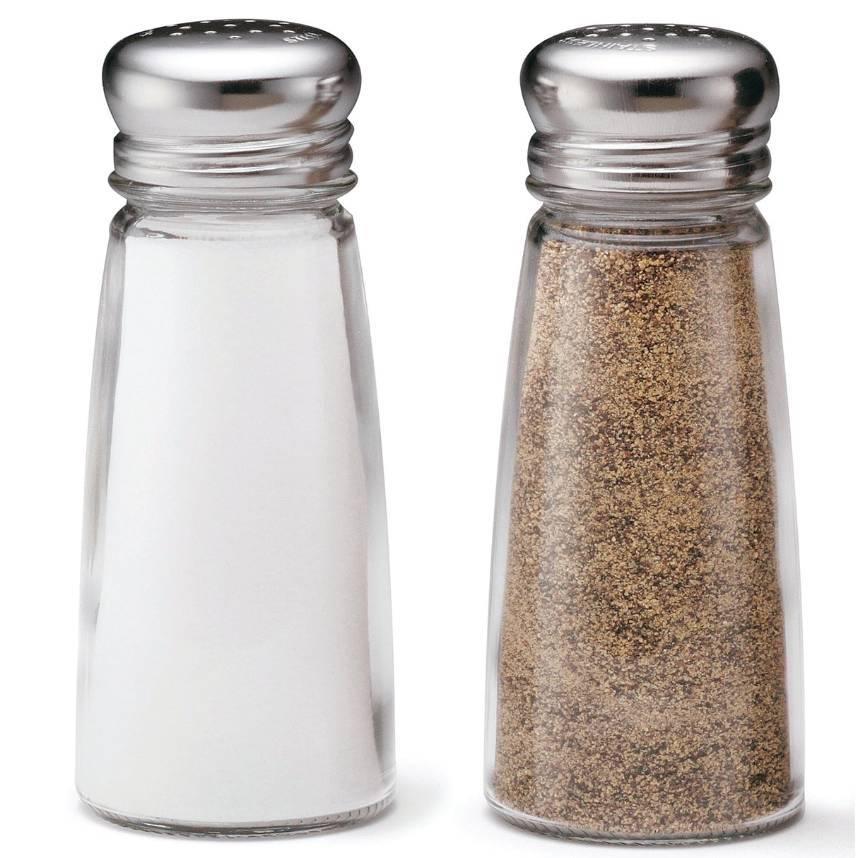 Shakers, Salt & Pepper, 3 Ounce, Round, Glass with Stainless Steel Tops,1 - 24 COUNT