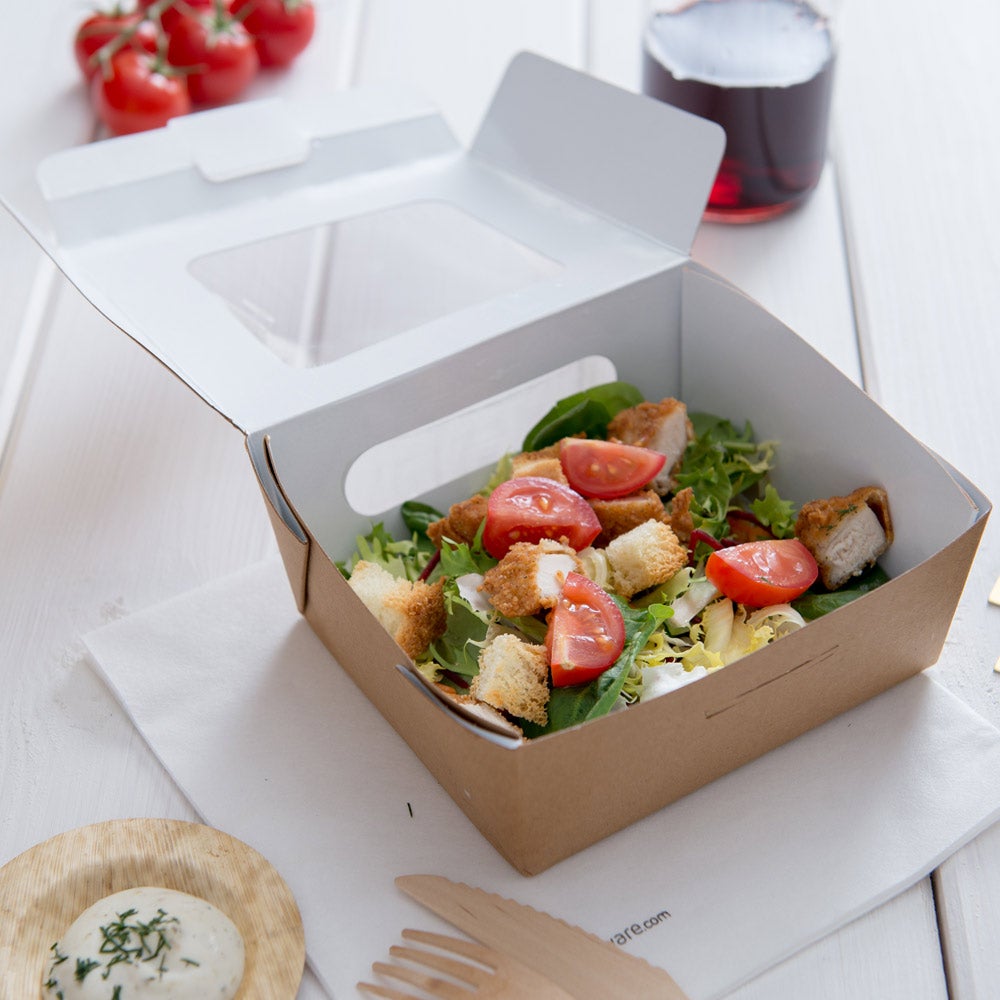 Containers, Lunch Box, 41 Ounce, Paper, Kraft Cafe Vision Design, Square, with Window, 41 Ounce,1 - 200 COUNT