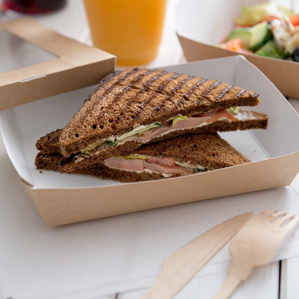 Containers, Take-Out, 34 Ounce, Paper, Kraft Cafe Vision Design, Rectangle, with Window, 34 Ounce,1 - 200 COUNT