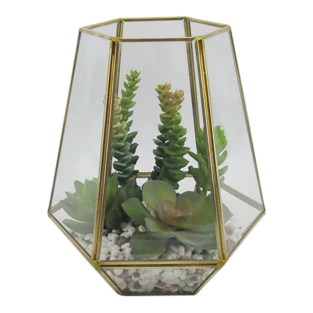 Table Art, Faux Succulent Arrangement, 7 x 6.5 x 8 Inch, Plastic, in Hexagonal Bonze & Glass Terrarium,1 - 1 EACH