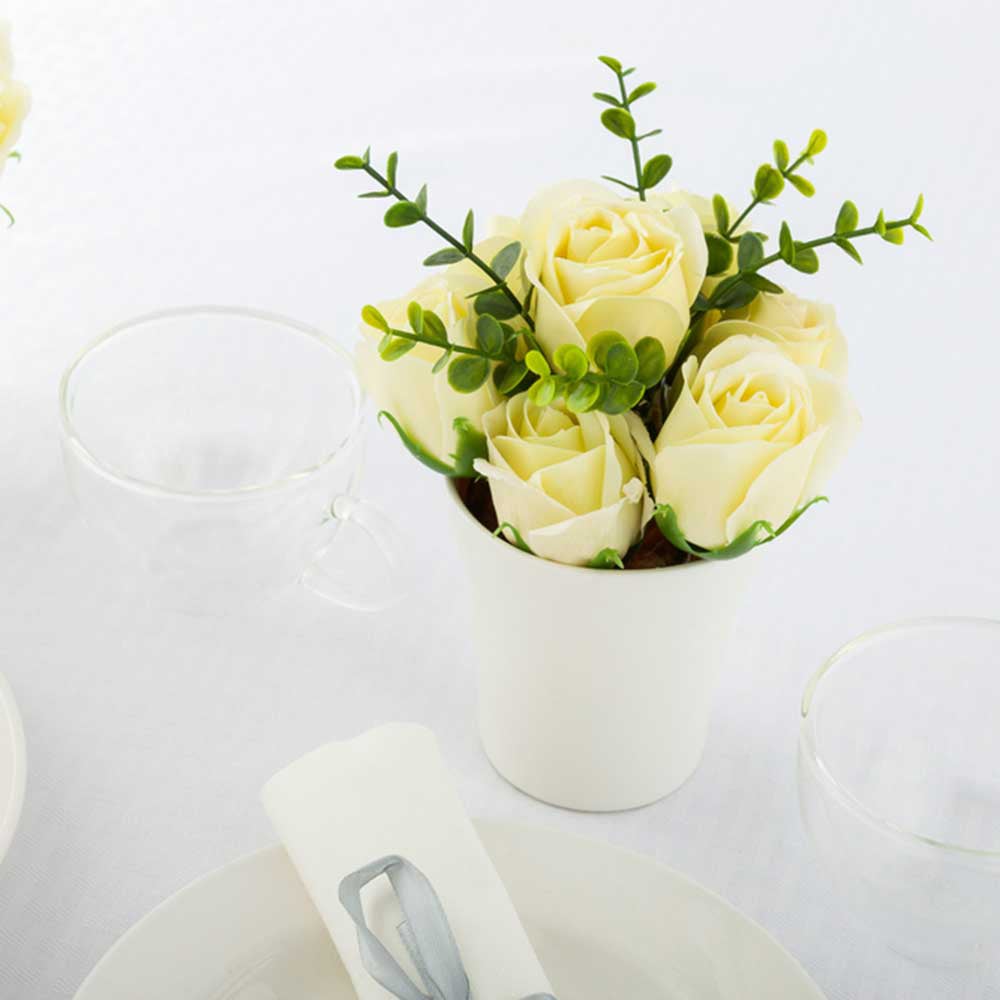 Roses, Yellow, Faux, with 7 Blooms, Sapone del Fiore, in White Porcelain Pot,1 - 12 COUNT