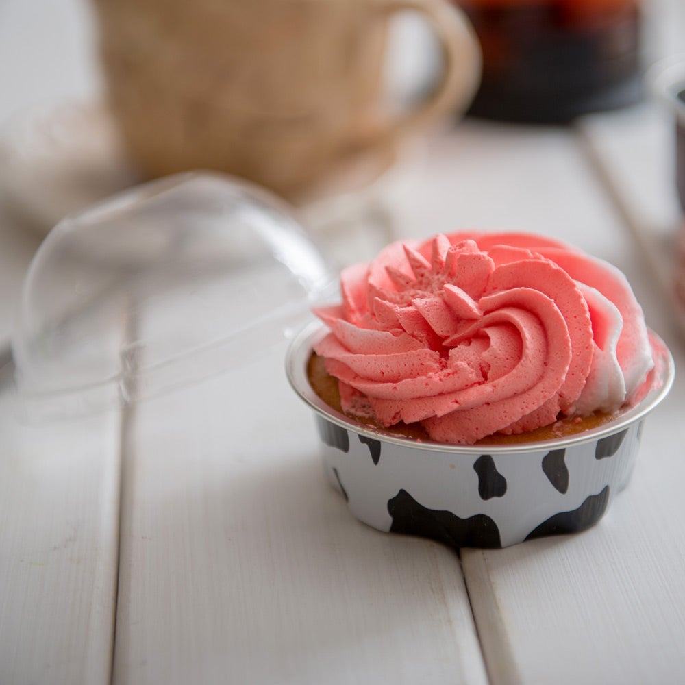 Cups, Bakery, 3.4 Ounce, Foil, Black & White Cow Spots with Clear Plastic Dome Lids, 3.4 Ounce,1 - 100 COUNT