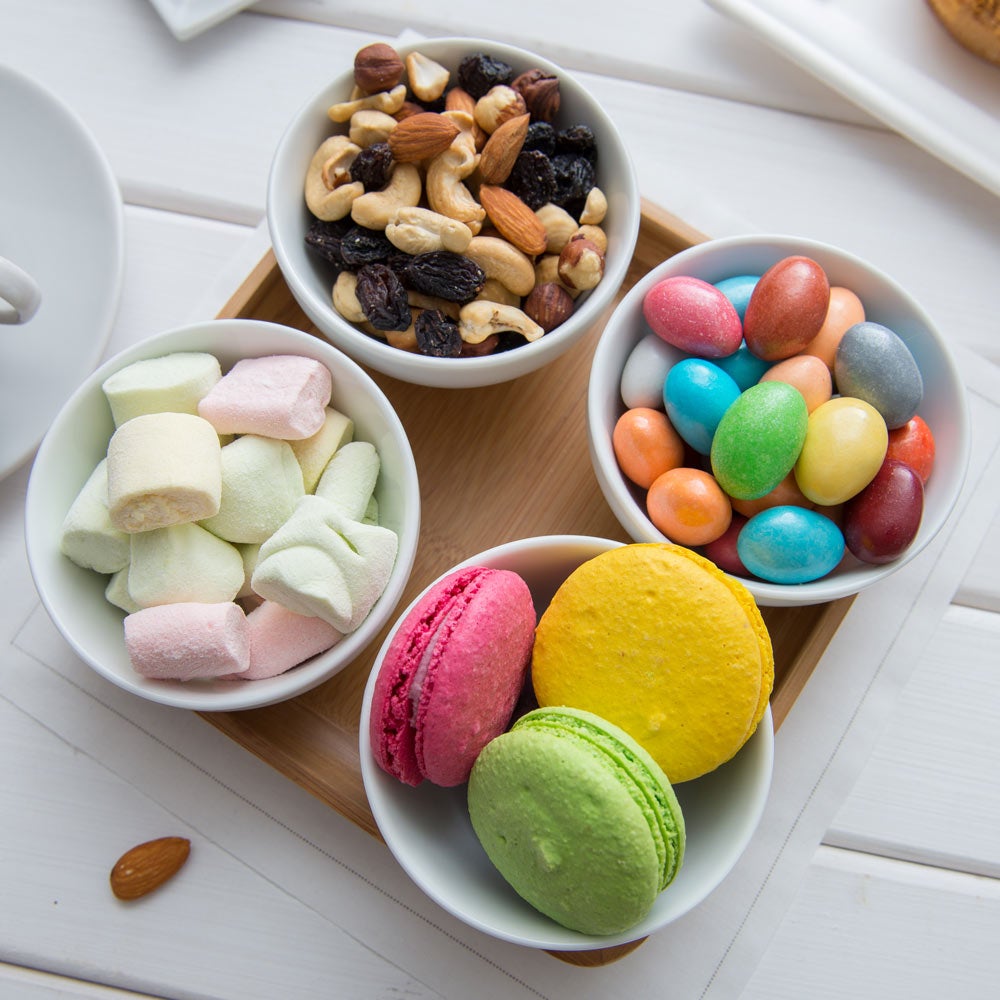 Bowl Set, Porcelain Quadruplet, Coppa, Mini, White, with 7 x 7 Inch Bamboo Tray, 7 Linear Inch,1 - 1 EACH