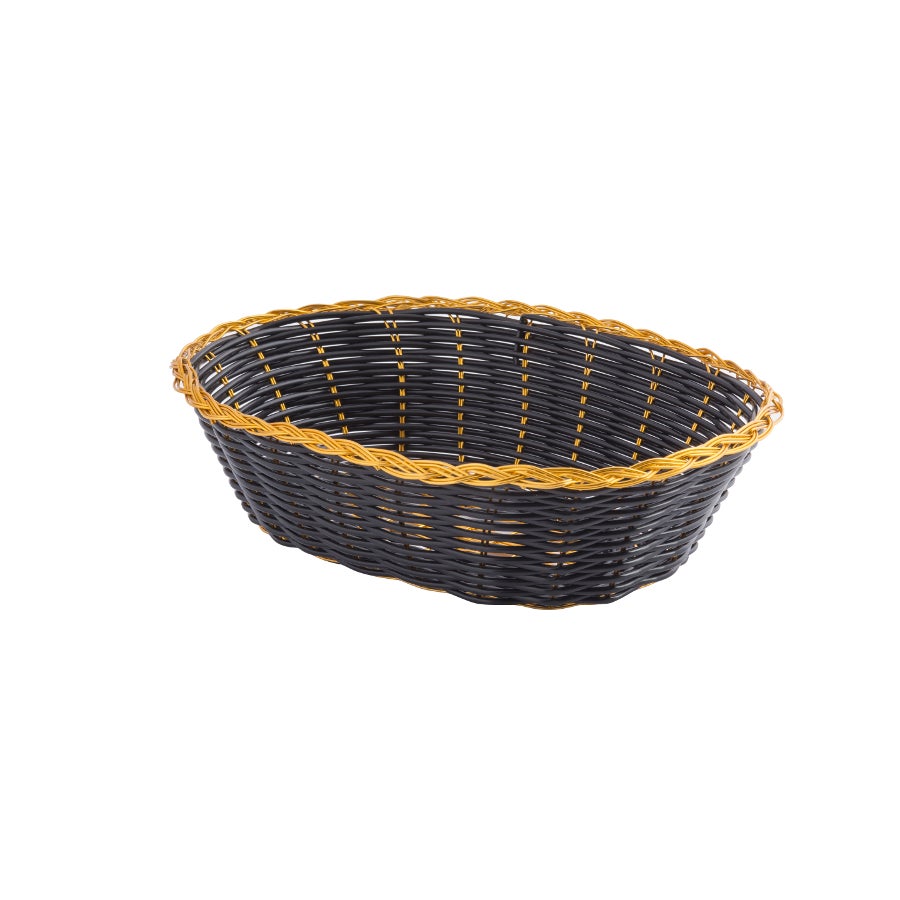 Baskets, Woven, 9 x 6 x 2.5 Inch, Oval, Black with Gold Trim,1 - 12 COUNT