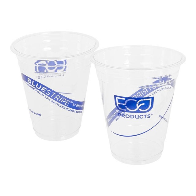 Cups, Cold, 12 Ounce, Plastic, Clear with Blue Stripe, 25% Recycled, 12 Ounce,20 - 50 COUNT