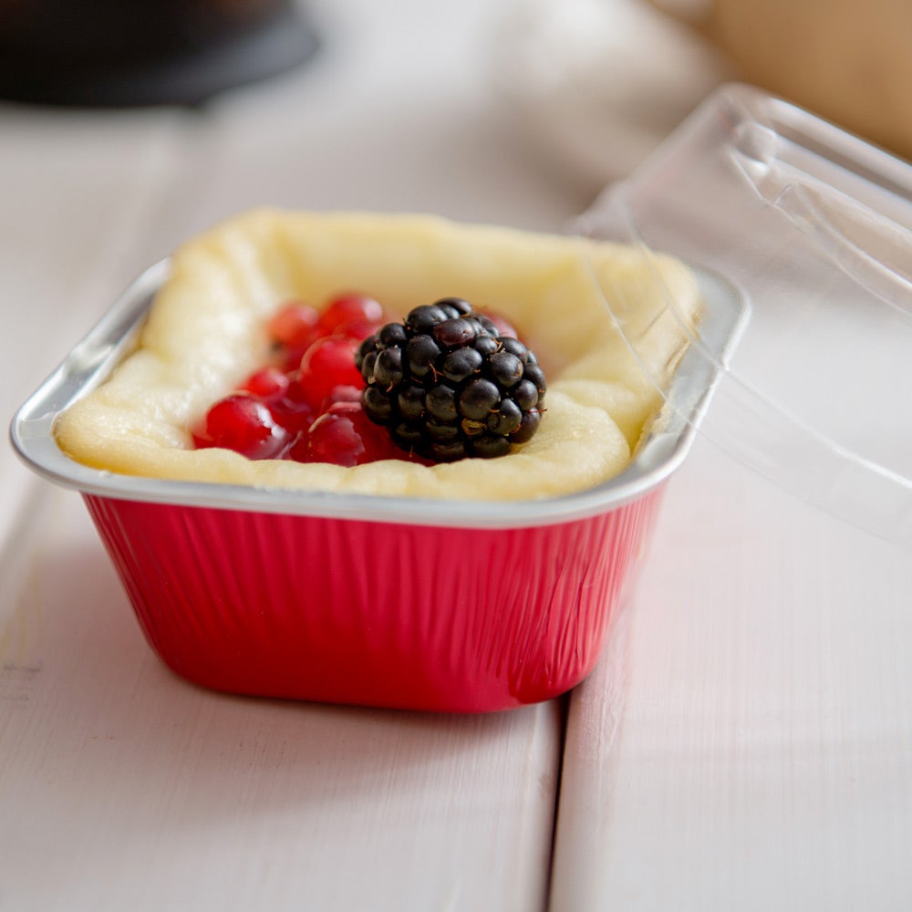 Cups, Bakery, 3.4 Ounce, Foil, Red with Clear Plastic Dome Lids, Square, 3.4 Ounce,1 - 100 COUNT