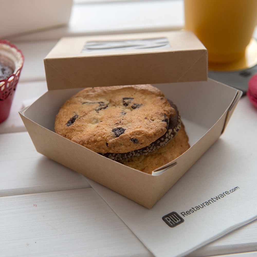 Containers, Take-Out, 34 Ounce, Paper, Kraft Cafe Vision Design, Square, with Window, 34 Ounce,1 - 200 COUNT