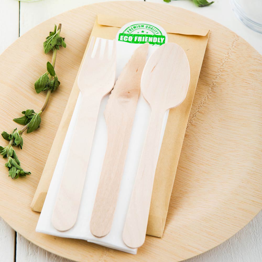 Cutlery Kits, Fork/Knife/Spoon, Wood, Natural, with Napkin & Recycled Paper Pouch,1 - 100 COUNT