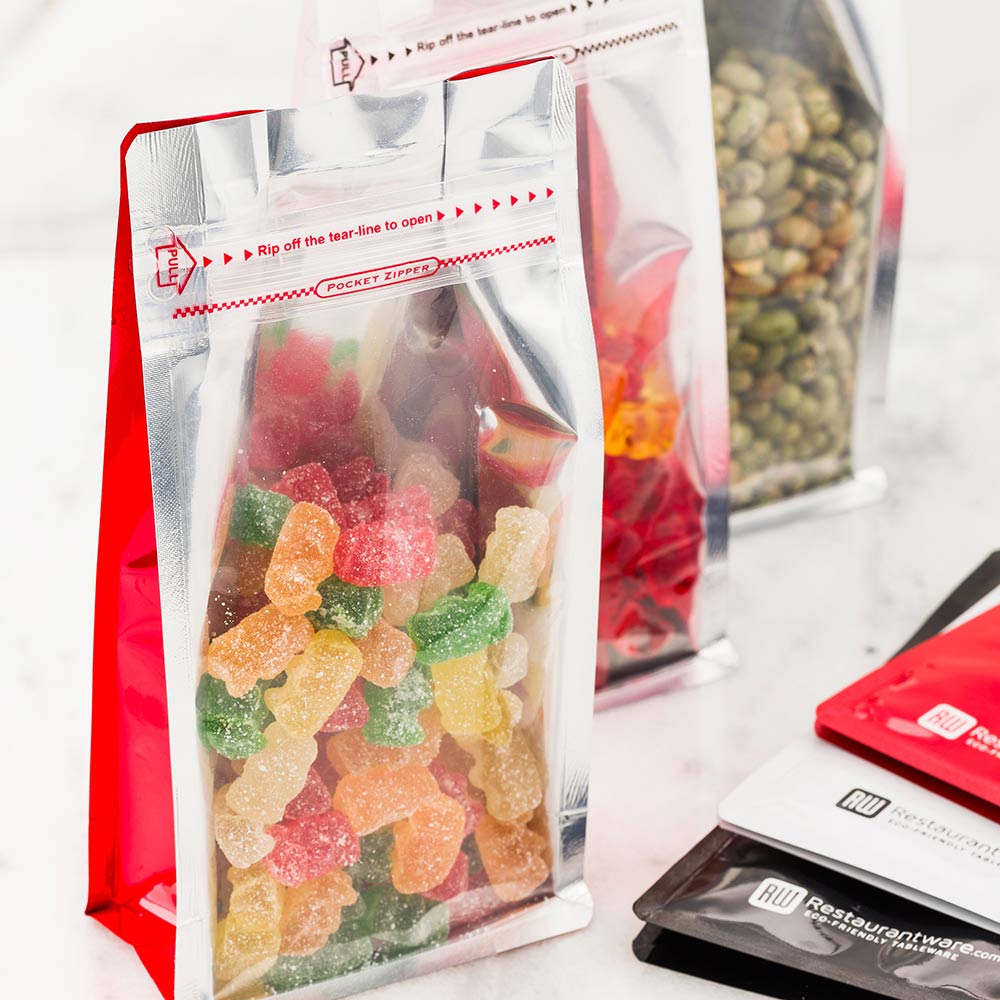 Bags, Heat-Sealable Snack, 7.9 x 3.9 Inch, Plastic, Red, Double Seal Rip Lock, with Window,1 - 100 COUNT