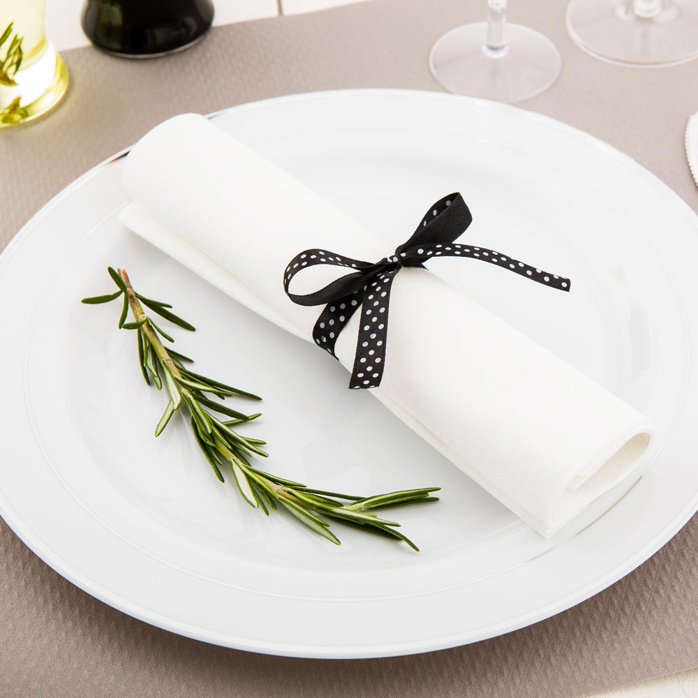 Cutlery Kit, Fork/Knife/Spoon, Argento, Plastic, Silver, with Premium White Napkin & Black Polka Dot Ribbon, 7.3 Linear Inch,1 - 100 COUNT