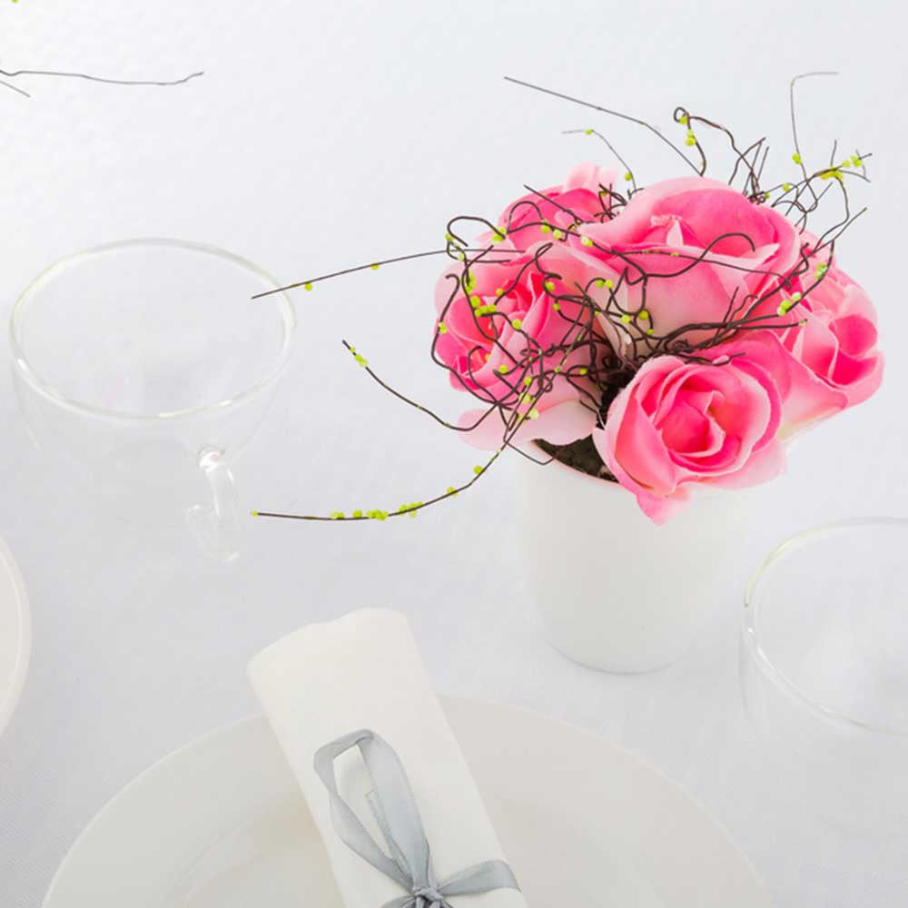 Roses, Pink, Faux, with 6 Blooms, in White Plastic Pot,1 - 12 COUNT