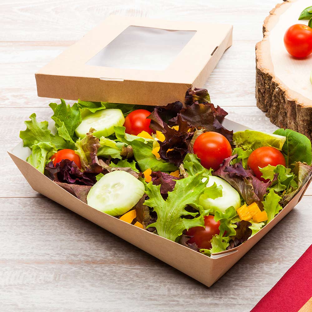 Containers, Take-Out, 28 Ounce, Paper, Kraft Cafe Vision Design, Rectangle, with Window, 28 Ounce,1 - 200 COUNT