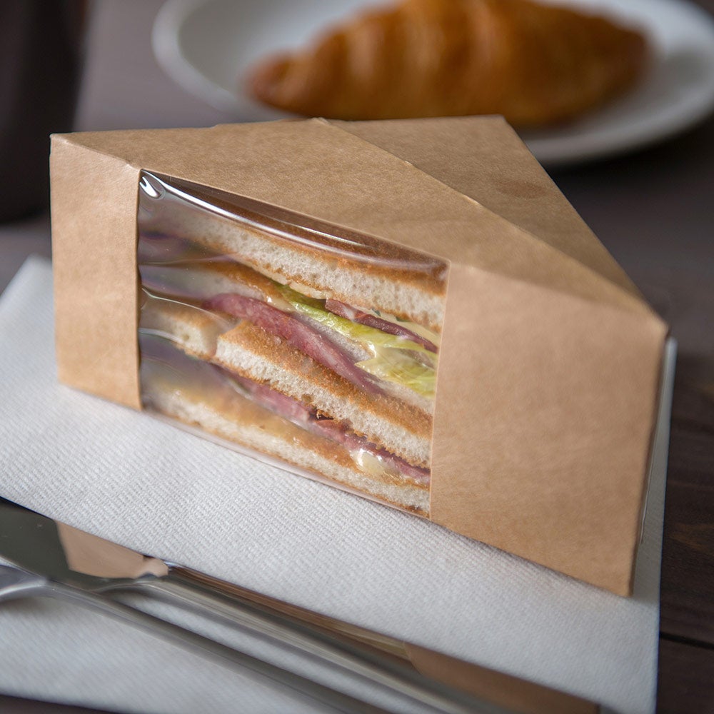 Containers, Sandwich, 4.8 x 2.8 Inch, Paper, Kraft Cafe Vision Design, Triangle, with Window,1 - 200 COUNT