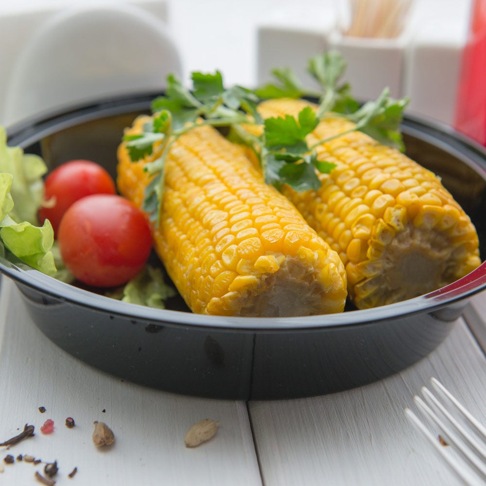 Containers, Food, 48 Ounce, Microwaveable Plastic, Black Asporto Design, Round, with Clear Lid,1 - 100 COUNT