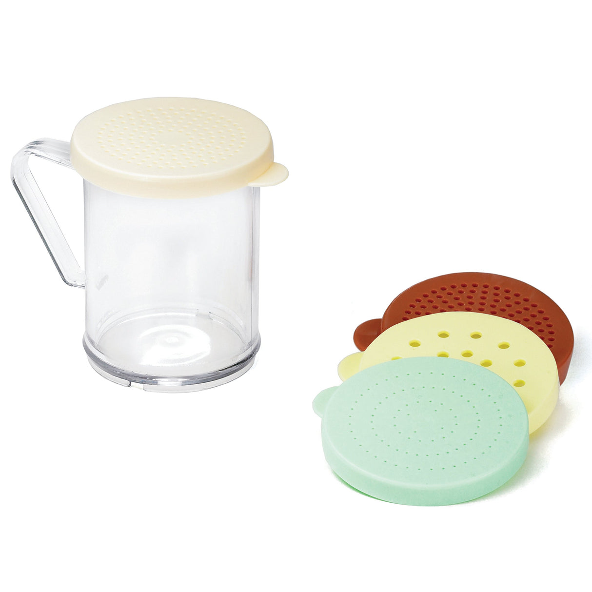 Shaker Sets, Dredge, 10 Ounce, Polycarbonate, with Beige/Rose/Yellow Snap-Tight Lids,12 - 1 EACH