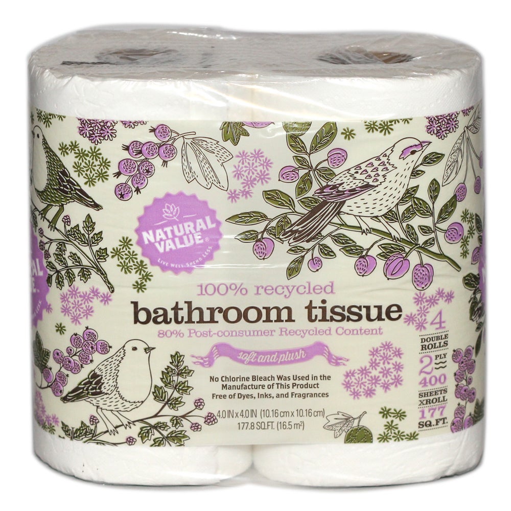 Toilet Tissue, Jumbo Roll, 2-Ply, White, 4 x 4 Inch Sheets, 80% Recylced Content,12 - 4 COUNT