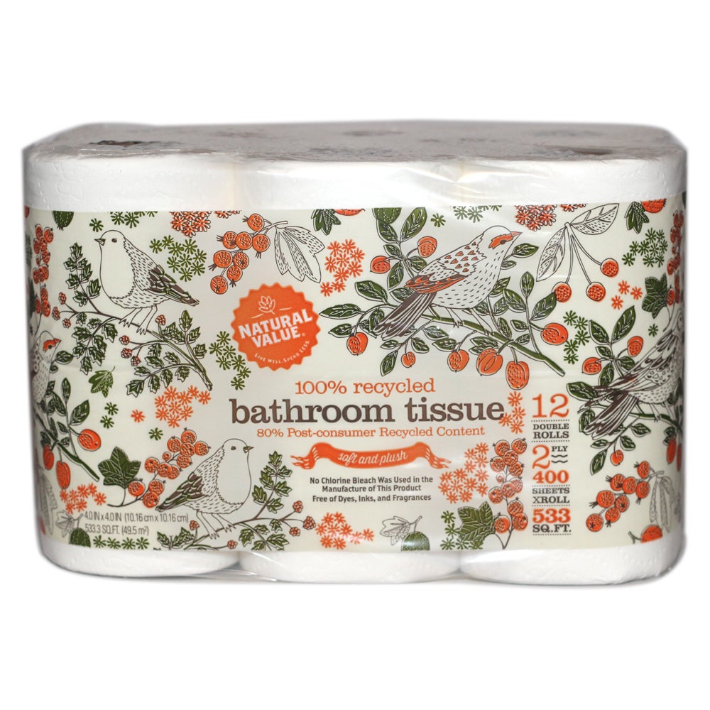 Toilet Tissue, Jumbo Roll, 2-Ply, White, 4 x 4 Inch Sheets, 80% Recylced Content,4 - 12 COUNT