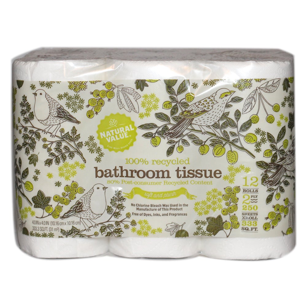 Toilet Tissue, 2-Ply, White, 4 x 4 Inch Sheets, 80% Recylced Content,4 - 12 COUNT