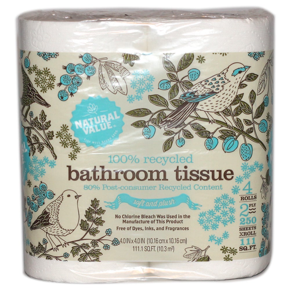 Toilet Tissue, 2-Ply, White, 4 x 4 Inch Sheets, 80% Recylced Content,48 - 250 COUNT