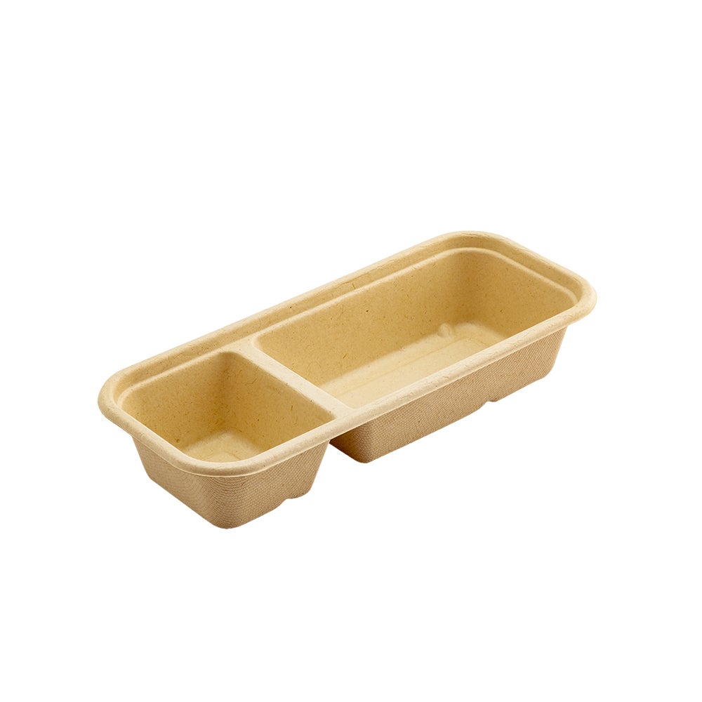 Containers, 2 Compartment, 17 Ounce, Sugarcane Bagasse, Natural, Rectangle, 9.25 x 3.75 x 1.75 Inch,1 - 100 COUNT
