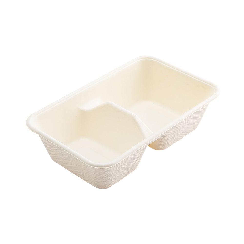 Containers, 2 Compartment, 34 Ounce, Sugarcane Bagasse, White, Rectangle, 9 x 5.75 x 2.50 Inch, Renewable & Compostable,1 - 100 COUNT