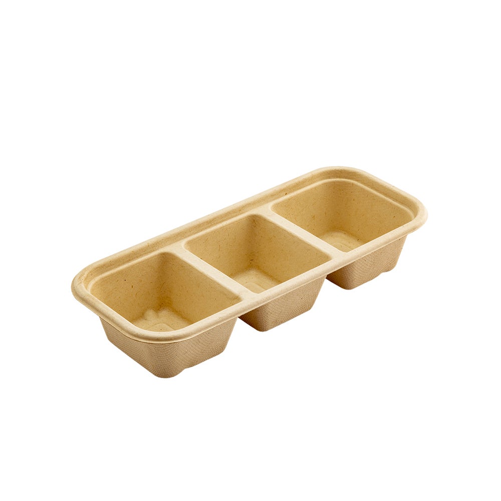 Containers, 3 Compartment, 17 Ounce, Sugarcane Bagasse, Natural, Rectangle, 9.25 x 3.75 x 1.75 Inch,1 - 100 COUNT