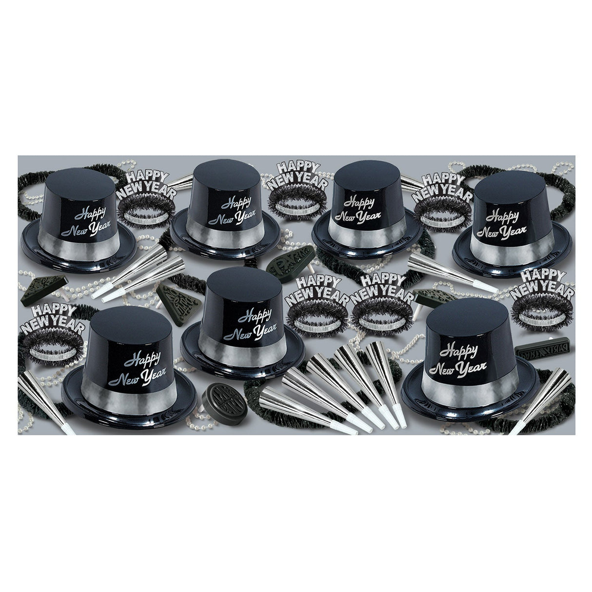 Party Assortment, New Years, Silver & Black, with Plastic Hats/Tiaras/Horns/Beads/Noisemakers, for 50,1 - 1 EACH