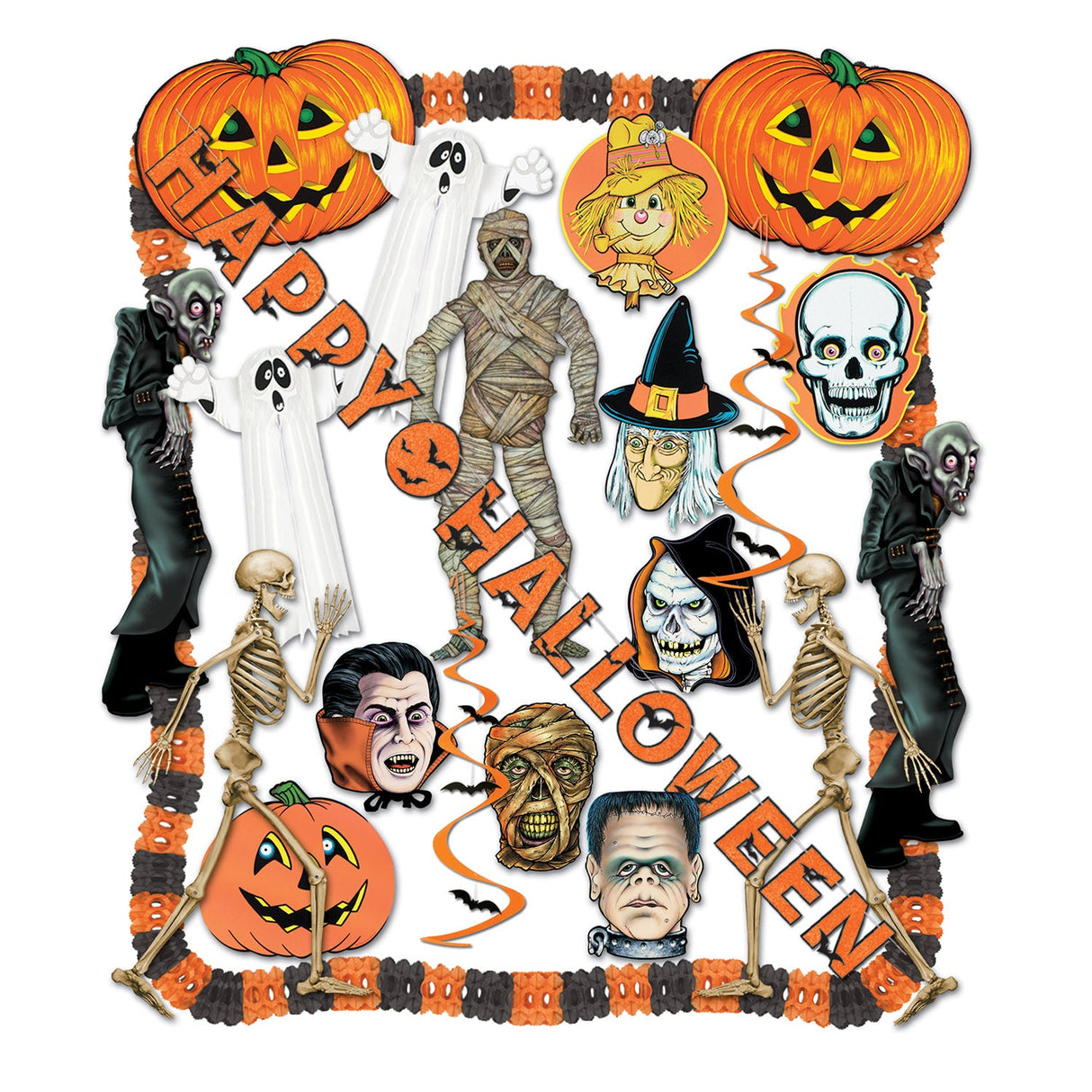 Decorating Kit, Party, Halloween, with Pumpkin Cutouts/Character Cutouts/Jointed Skeletons/Sign/Garlands/Whirls, 26 Pieces,1 - 1 EACH