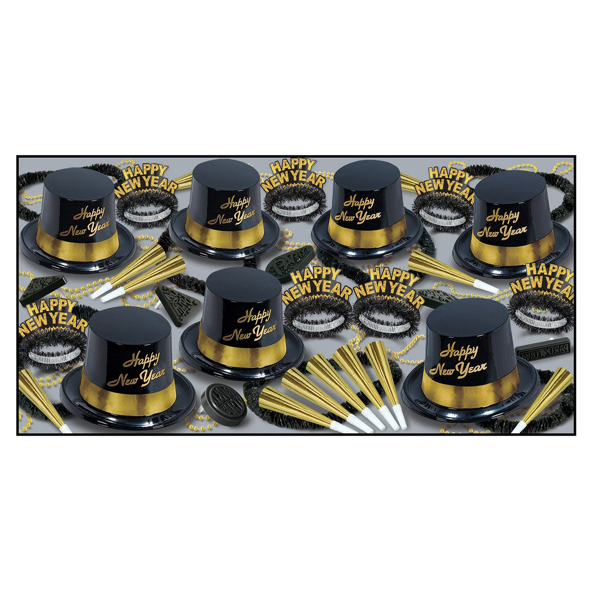 Party Assortment, New Years, Gold & Black, with Plastic Hats/Tiaras/Horns/Beads/Noisemakers, for 50,1 - 1 EACH