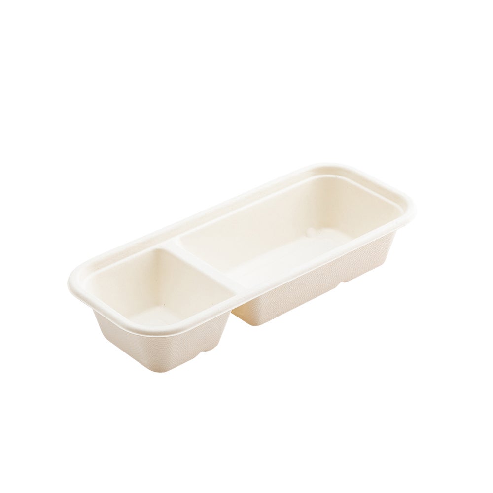 Containers, 2 Compartment, 17 Ounce, Sugarcane Bagasse, White, Rectangle, 9.25 x 3.75 x 1.75 Inch,1 - 100 COUNT