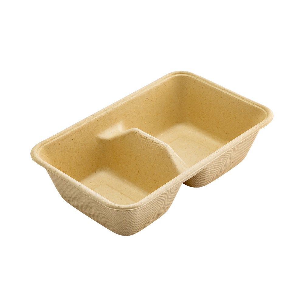 Containers, 2 Compartment, 34 Ounce, Sugarcane Bagasse, Natural, Rectangle, 9 x 5.75 x 2.50 Inch, Renewable & Compostable,1 - 100 COUNT