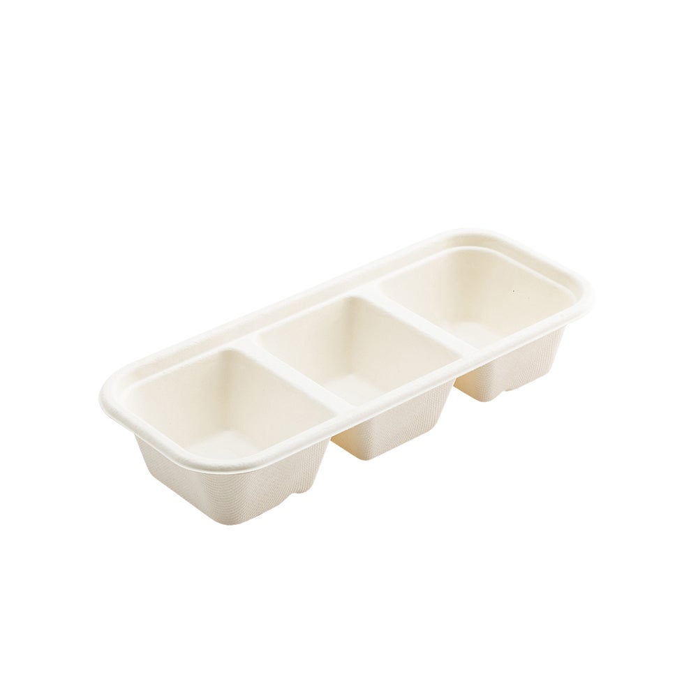 Containers, 3 Compartment, 17 Ounce, Sugarcane Bagasse, White, Rectangle, 9.25 x 3.75 x 1.75 Inch,1 - 100 COUNT