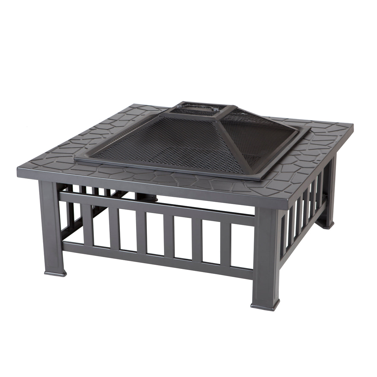 Fire Pit, 23 Inch, Raised, Black Steel, Square, with Mesh Screen,1 - 1 EACH