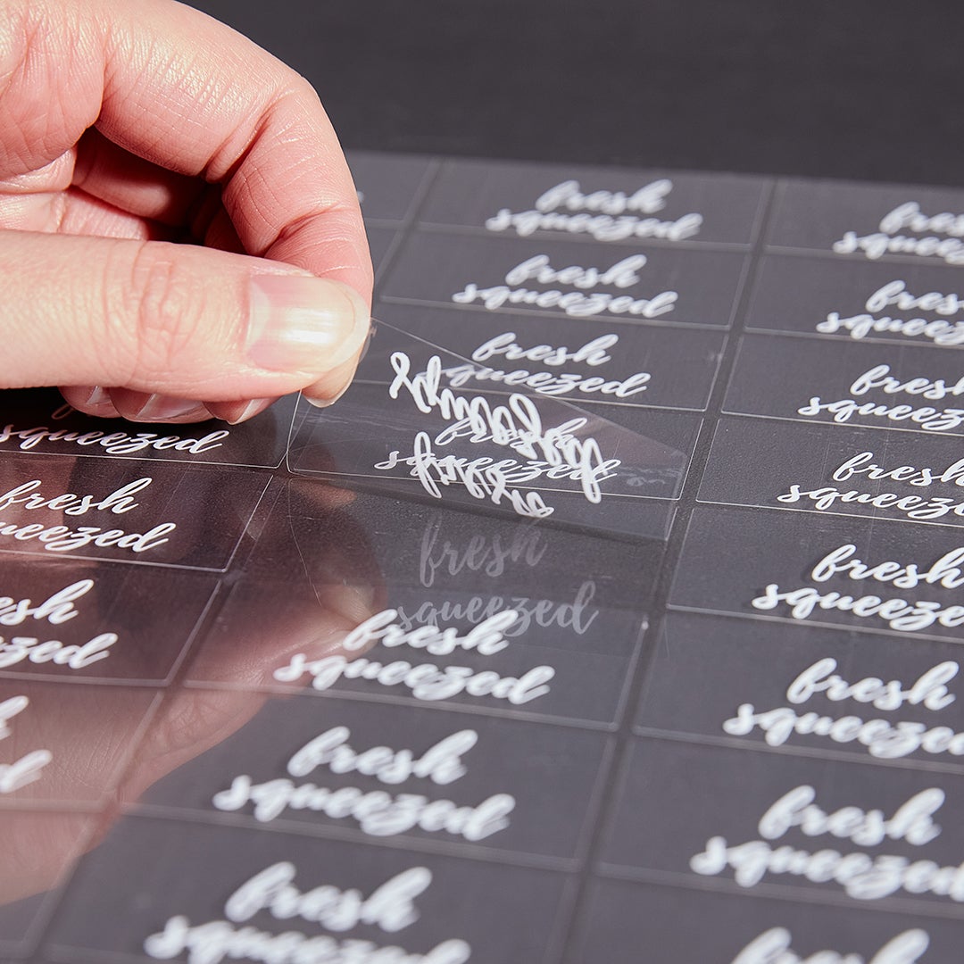 Labels, Fresh Squeezed, 2 x 1 Inch, Water Resistant, Clear with White Font,1 - 100 COUNT