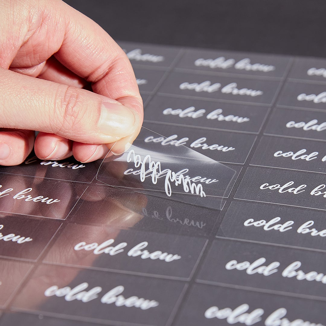 Labels, Cold Brew, 2 x 1 Inch, Water Resistant, Clear with White Font,1 - 100 COUNT