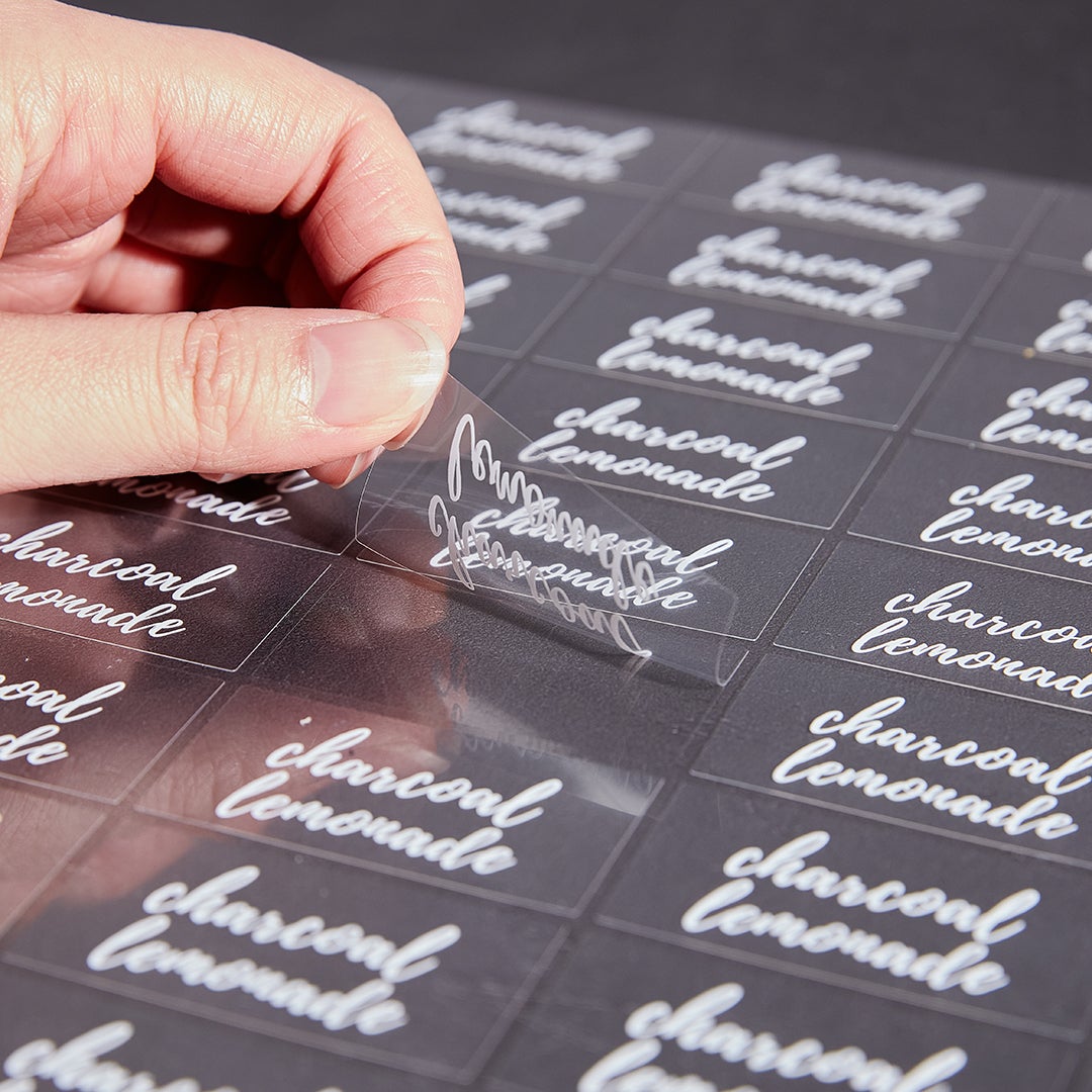 Labels, Charcoal Lemonade, 2 x 1 Inch, Water Resistant, Clear with White Font,1 - 100 COUNT