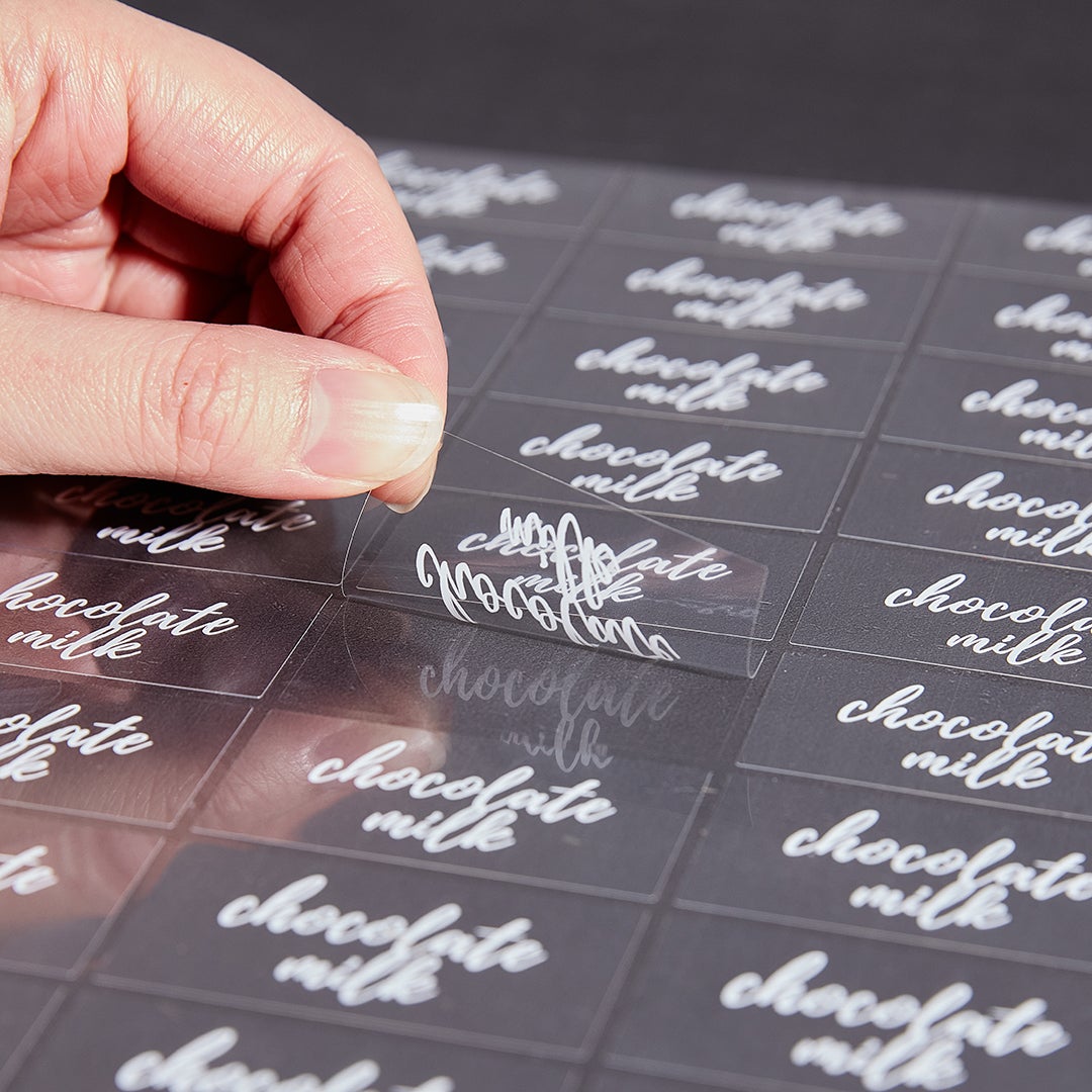 Labels, Chocolate Milk, 2 x 1 Inch, Water Resistant, Clear with White Font,1 - 100 COUNT