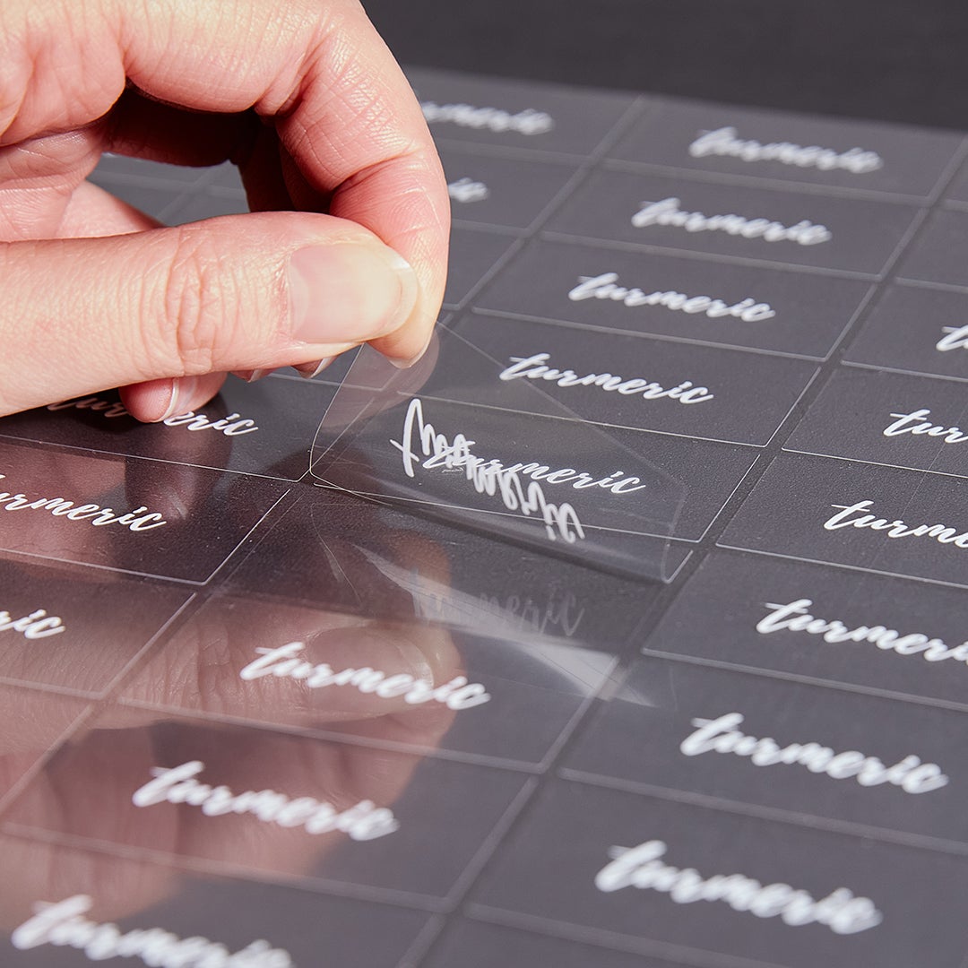 Labels, Tumeric, 2 x 1 Inch, Water Resistant, Clear with White Font,1 - 100 COUNT