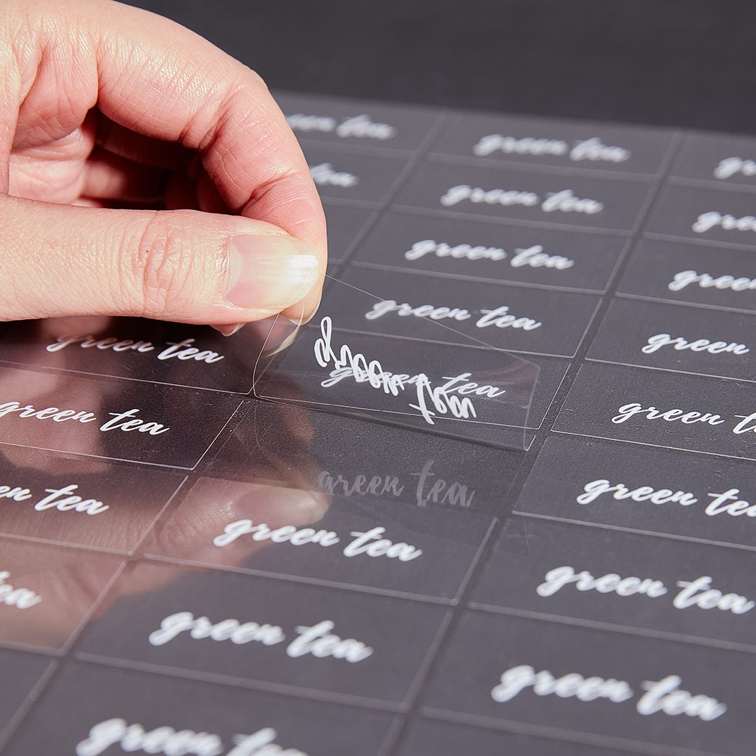Labels, Green Tea, 2 x 1 Inch, Water Resistant, Clear with White Font,1 - 100 COUNT