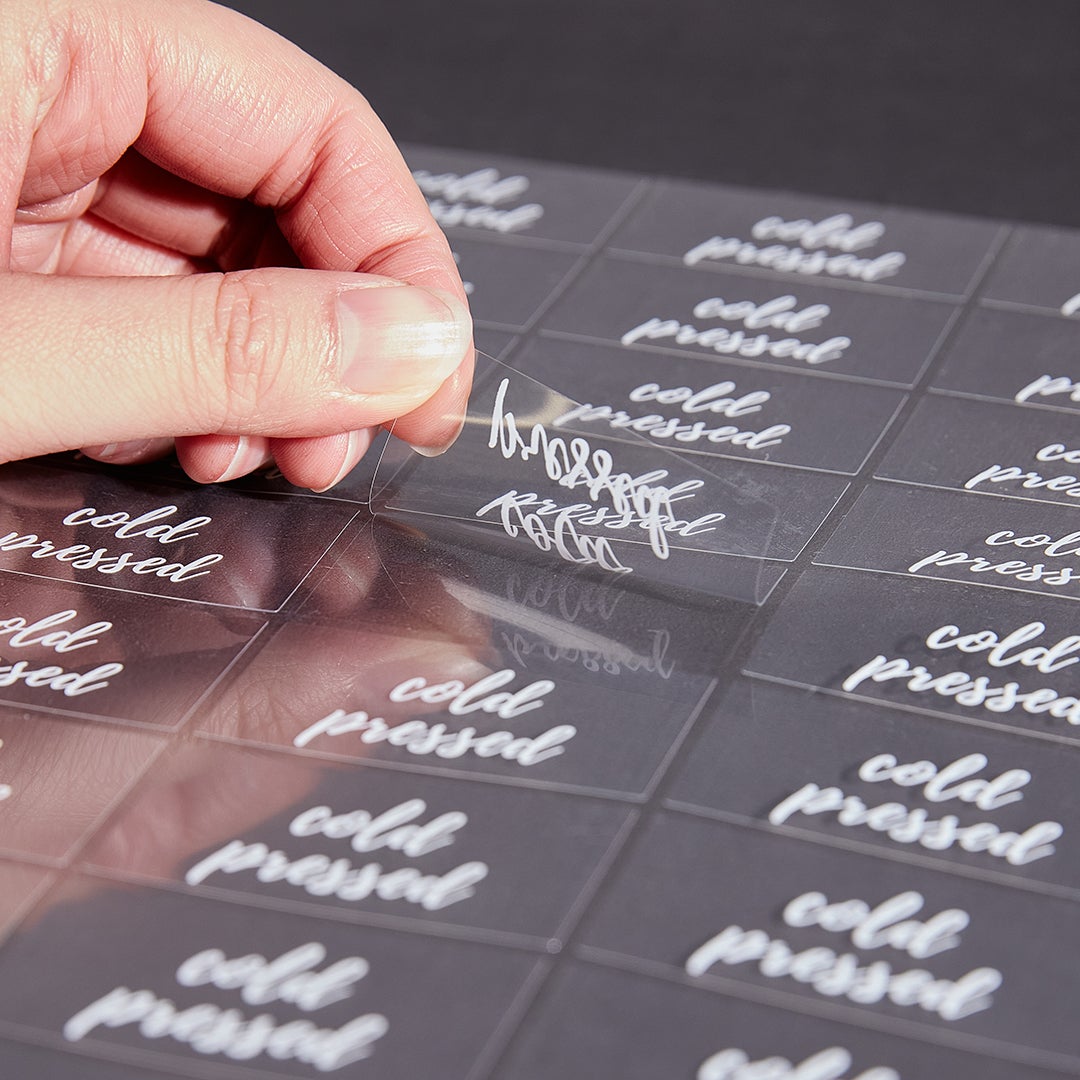 Labels, Cold Pressed, 2 x 1 Inch, Water Resistant, Clear with White Font,1 - 100 COUNT