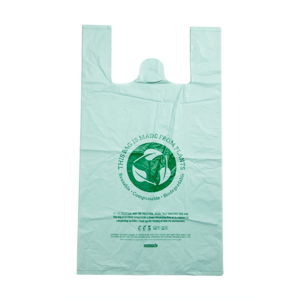 Bags, T-Sack, 12 x 6.5 x 22 Inch, Compostable Plastic, Green Printed,1 - 500 COUNT