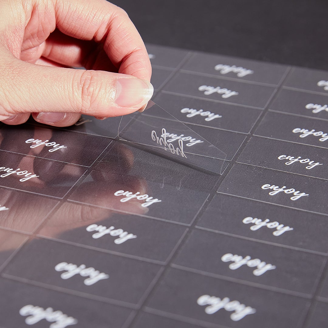 Labels, Enjoy, 2 x 1 Inch, Water Resistant, Clear with White Font,1 - 100 COUNT